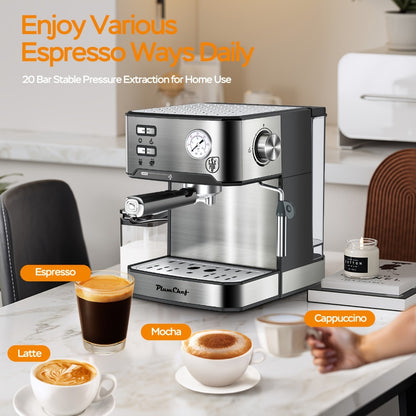 20 Bar Espresso Machine 950W – Stainless Steel Espresso & Cappuccino Latte Maker with Steam Wand Milk Frother, 49.03oz Water Tank, ESE Pod Filter, Home Barista Coffee Machine – Black, Pressure Gauge