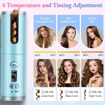 Cordless Curling Iron 1 Inch USB Rechargeable, Automatic Rotating Ceramic Curling Wand with 6 Heat Settings LCD Display, Scald-Free Detangle Hair Curler for All Hair Types Wet Dry Styling