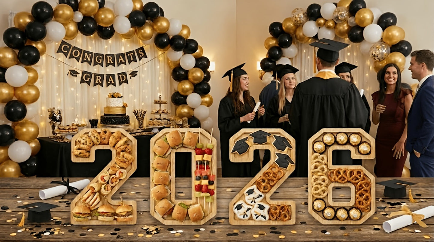 Graduation Charcuterie Board Decorations 4pcs Wooden Number Box with 14 Balloons – 2026 GRAD Fillable Party Supplies