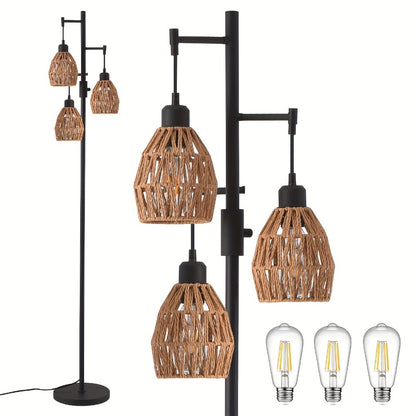 Boho Rattan Floor Lamp Dimmable – 3-Light Stepless Dimming Standing Lamp with Natural Rattan Shade & Metal Base for Living Room, Bedroom, Dining Room – Warm Bohemian Home Lighting