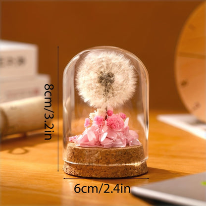 Glass Dome Preserved Dandelion Flower Arrangement - Eternal Floral Keepsake Display Case for Home Office Desk Decor, No Electricity Needed