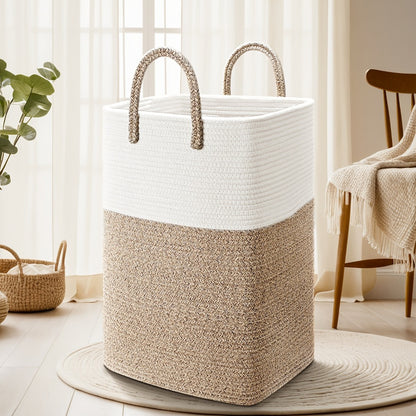 Woven Cotton Rope Laundry Basket Large Hamper with Handles for Bathroom Bedroom Living Room – Jumbo Boho Storage Basket for Clothes Blankets Toys | 40L 60L 80L 100L