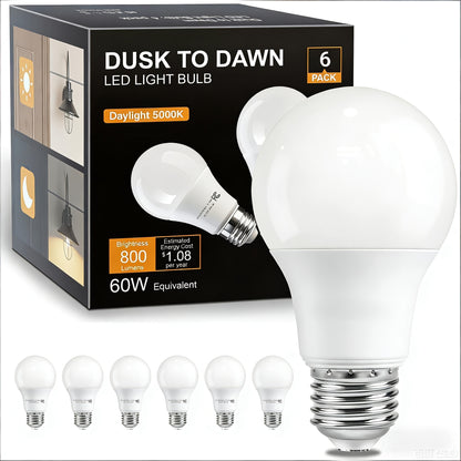 Dusk to Dawn Light Bulb A19 9W 800 Lumens 60W Equivalent with Auto On Off Photocell Sensor – E26 Base Soft White 2700K & Daylight 5000K 80+ CRI Indoor Outdoor Porch Security Lighting, 6 Pack