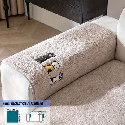 Sherpa Sofa Cover Cat Paw Embroidered Thick Plush Couch Slipcover Non-Slip Seat Cushion Protector Pet-Friendly Machine Washable Furniture Cover for Living Room Home Decor