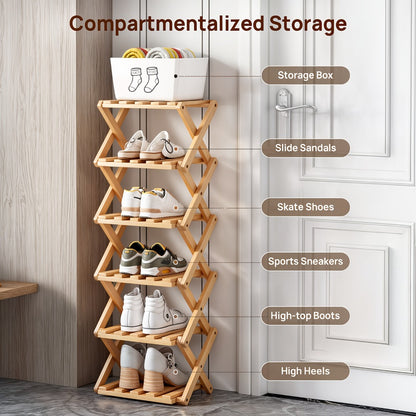 Bamboo Shoe Rack Foldable Multi-Tier – Space-Saving Shoe Storage Shelf, Easy Assembly Standalone Organizer for Entryway, Hallway, Bedroom, Bathroom & Office – 6 or 8 Tier Options