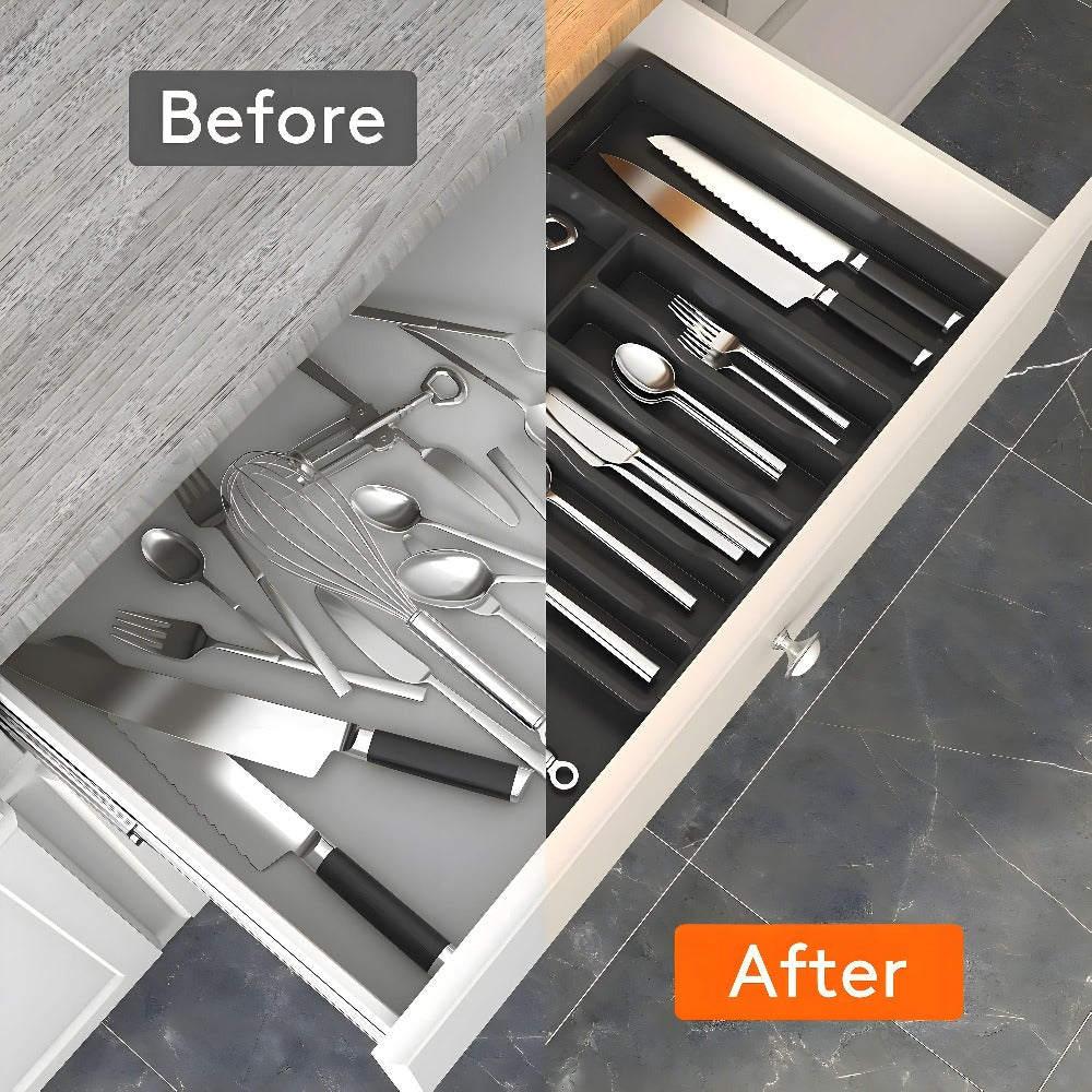 Silverware Organizer Adjustable Drawer Organizer | Utensil & Cutlery Storage Tray for Kitchen Drawer | Expandable Knife Fork Spoon Holder 22.4" x 15" x 2" | Kitchen Organization & Storage in Black Grey White