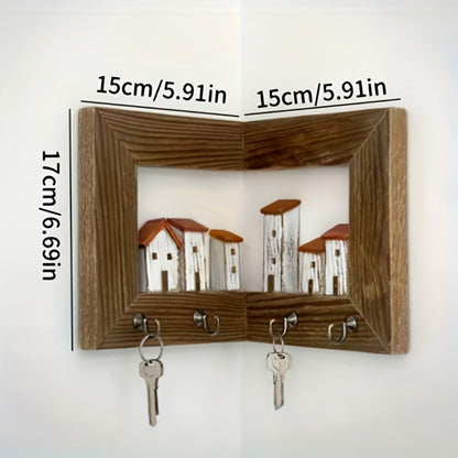 Wall Mounted Key Rack with Hooks - Rustic Wooden Key Holder with 6 House Hooks, Entryway Storage Organizer for Home Bedroom Wall Decor