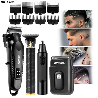 Men's Grooming Kit 4-Piece Set – USB Rechargeable Hair Clipper, Nose Trimmer, Electric Shaver & T9 Detailer with 8 Guide Combs, Professional Cordless Beard Trimmer Set for Men