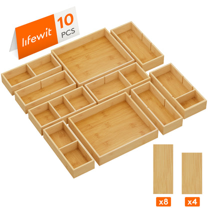 Bamboo Drawer Organizer 10 Pack, Adjustable Stackable Drawer Dividers Bins for Kitchen Utensils, Silverware, Makeup, Office Supplies, Bathroom Vanity & Junk Drawer