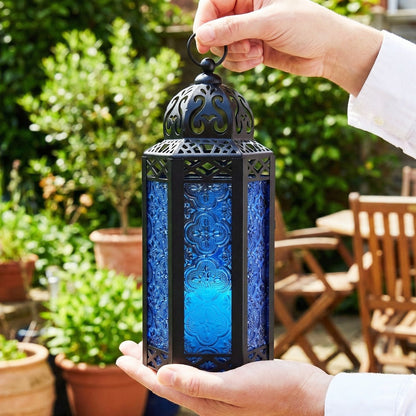 Moroccan Candle Lantern Holder - Decorative Metal & Glass Lantern with Embossed Floral Design for Indoor Home Decor, Garden, Patio, Weddings, Ramadan, Halloween & Holiday Celebrations - 10.5" Tall Medium Size
