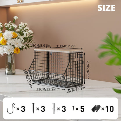 Stackable Metal Wire Fruit Basket with Lid – 1 or 2-Tier Hanging Kitchen Pantry Storage Bin, Wall-Mounted or Countertop Vegetable Organizer for Potato, Onion & Produce, Black