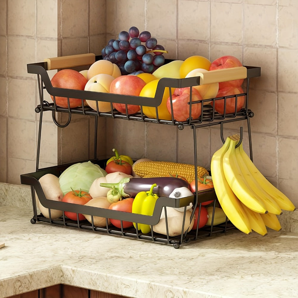 Fruit Basket with Banana Hanger, 2-3 Tier Metal Countertop Organizer with Wooden Handle — Detachable Kitchen Storage Stand for Fruits, Vegetables & Bread | Large Capacity | Black