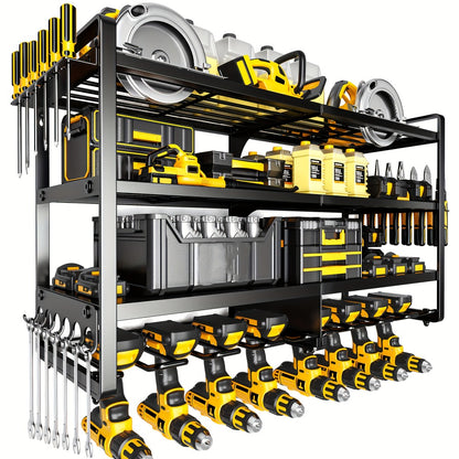 Wall Tool Storage Rack Heavy Duty Metal Organizer - 4 Layer Cordless Drill Holder Clamp Bracket Workbench Wall Mount Space Saving Workshop Garage Storage