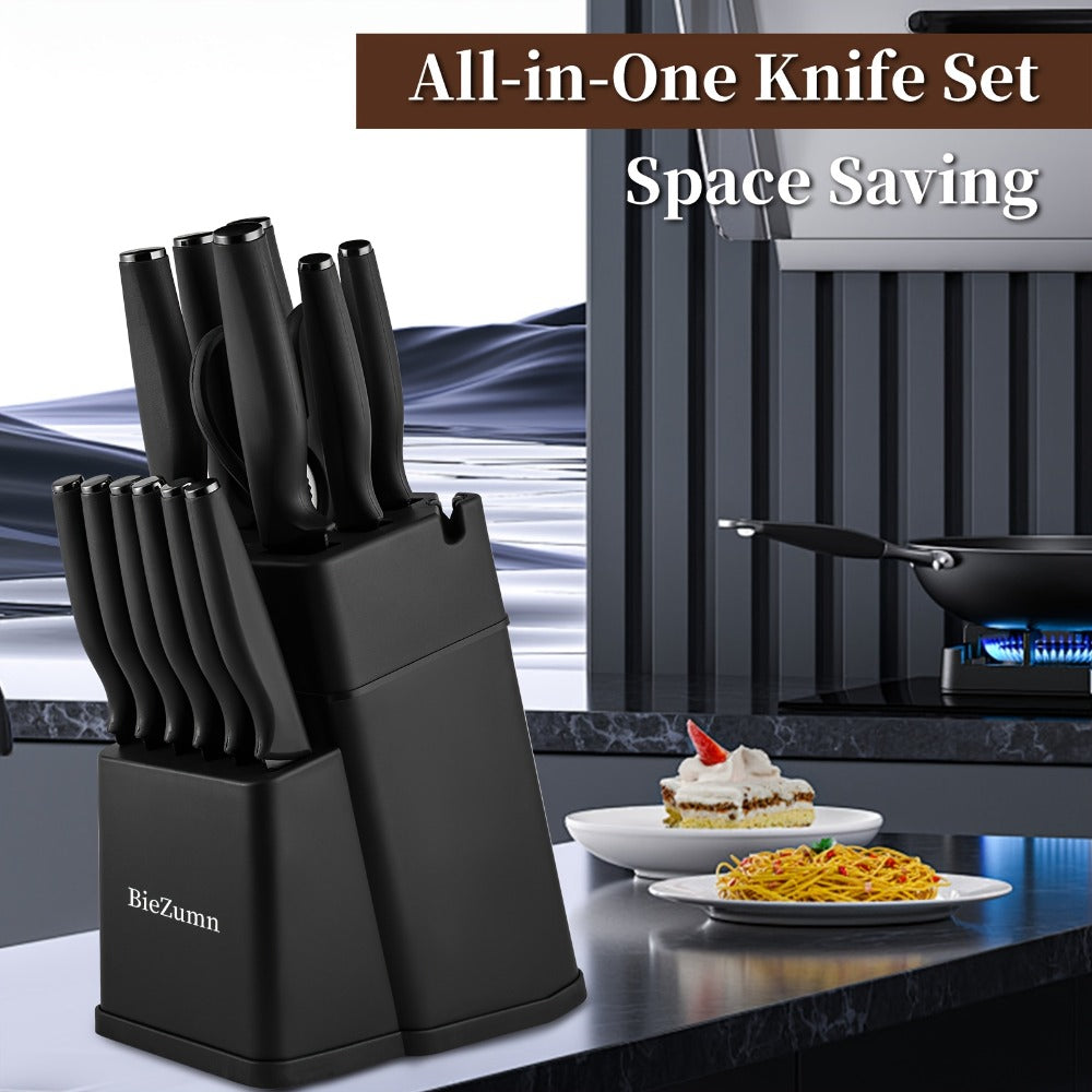 Kitchen Knife Set – 3-Piece & 14-Piece Multi-Purpose Chef’s Knife, Steak Knife, Fruit Knife & Scissors with Storage Block, Black