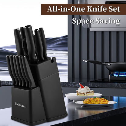 Kitchen Knife Set – 3-Piece & 14-Piece Multi-Purpose Chef’s Knife, Steak Knife, Fruit Knife & Scissors with Storage Block, Black