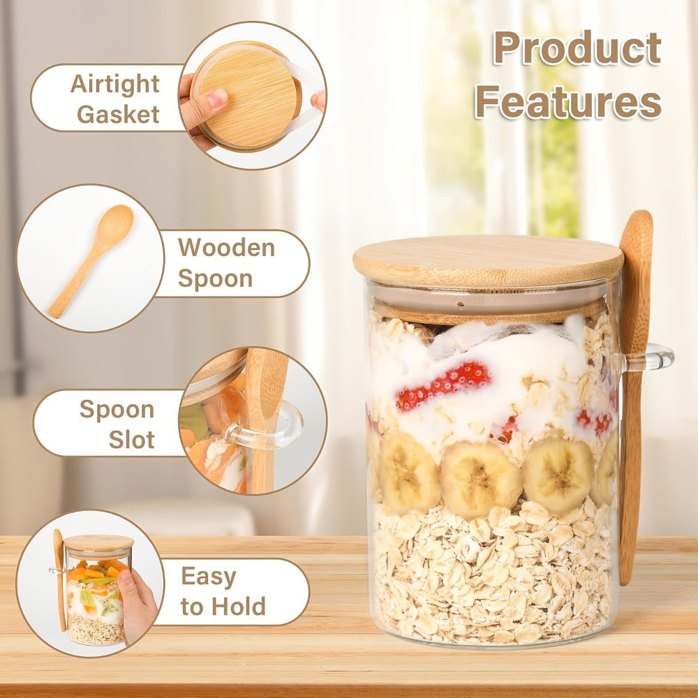 Overnight Oats Jars with Bamboo Lids & Spoons, 500ml Glass Meal Prep Containers — Dessert Bowl Set for Chia Pudding, Salad, Cereal, Yogurt & Sourdough Starter | 4 or 6 Pack
