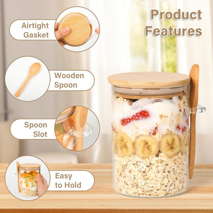 Overnight Oats Jars with Bamboo Lids & Spoons, 500ml Glass Meal Prep Containers — Dessert Bowl Set for Chia Pudding, Salad, Cereal, Yogurt & Sourdough Starter | 4 or 6 Pack