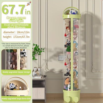 Stuffed Animal Storage Bin Transparent Cylindrical with Zipper – Large Plush Toy Organizer for Kids Bedroom Living Room – Clear Doll Storage Bag Easy Assembly