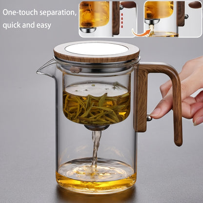 Glass Teapot with Infuser & Wooden Handle – Borosilicate Tea Kettle, One-Button Tea-Water Separation, Drip-Free Spout, 27oz for Loose Leaf & Blooming Tea, Holiday Gift for Men & Women