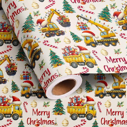 Christmas Wrapping Paper Construction Vehicles - Dump Trucks Excavators Tractors Gift Wrap for Boys Girls, 58"x23" Roll (28.5 Sq Ft)