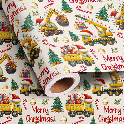 Christmas Wrapping Paper Construction Vehicles - Dump Trucks Excavators Tractors Gift Wrap for Boys Girls, 58"x23" Roll (28.5 Sq Ft)