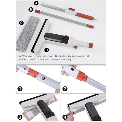 3-in-1 Glass Cleaning Kit with Durable Metal Pole & Scraper, Window Cleaner Tool for High Windows Shower Doors Car Windshields, Home Glass Cleaning Squeegee Set