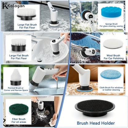 Electric Spin Scrubber 7-in-1 Cordless Rotary Cleaning Brush 7 Interchangeable Heads 3 Speed Settings Adjustable Extension Arm Power Display for Bathroom Shower Tile Grout Kitchen