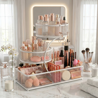 Bathroom Storage Rack 3-Tier Metal Countertop Organizer with Spray Bottle & Hooks – Rust-Resistant Diamond Mesh Shelf for Vanity, Skincare, Cosmetics & Toiletries