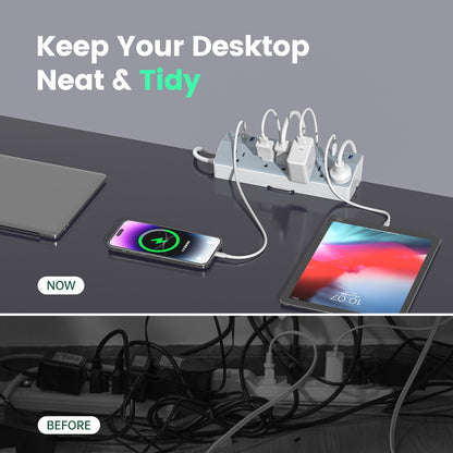 Desk Clamp Power Strip 12-in-1 Surge Protector with 6 Outlets 4 USB-A 2 USB-C PD 20W 40W Fast Charging Desktop Mount Flat Plug for Home Office Tabletop