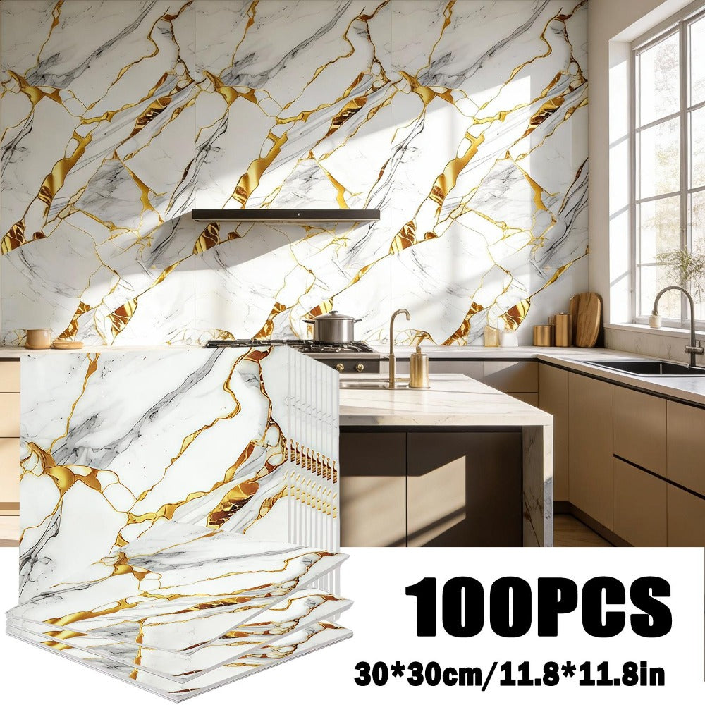 Self-Adhesive Marble Tile Stickers 11.8x11.8in Peel and Stick Wall Tiles for Bathroom Kitchen Backsplash – Waterproof 3D Glossy Imitation Marble Wall Panel, Easy to Install, 50 or 100 Pack