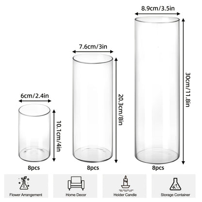 Clear Glass Cylinder Vases 24pcs Bulk Set - 4, 8, 12 Inch Tall Flower Vases for Centerpieces, Hurricane Floating Candle Holder for Wedding Party Table Home Decor, Valentine's Day Gift
