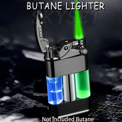 Green Flame Metal Lighter Windproof – Refillable Butane Gas Lighter with Adjustable Flame, Fuel Window & Rocker Arm Ignition, Cool Multifunctional Lighter for Outdoor Camping BBQ Cigars (No Butane)
