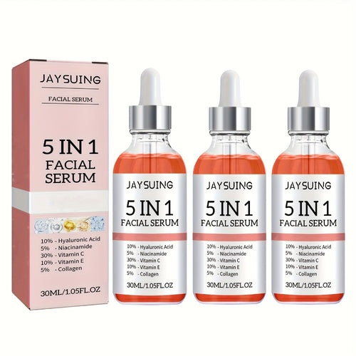 Facial Serum 5-in-1 with Hyaluronic Acid & Vitamin C – 3 Pack 30ml, Hydrating Anti-Aging Skin Care Serum for All Skin Types, Alcohol-Free, Non-Irritating, Unisex