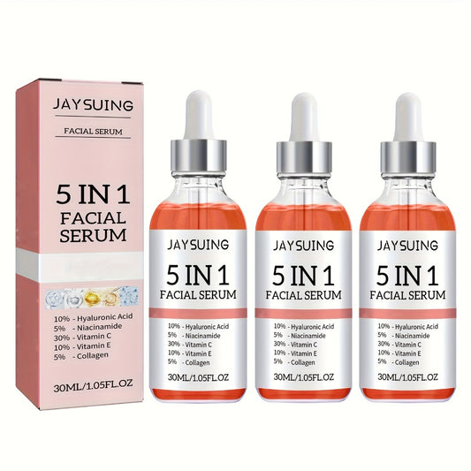 Facial Serum 5-in-1 with Hyaluronic Acid & Vitamin C – 3 Pack 30ml, Hydrating Anti-Aging Skin Care Serum for All Skin Types, Alcohol-Free, Non-Irritating, Unisex