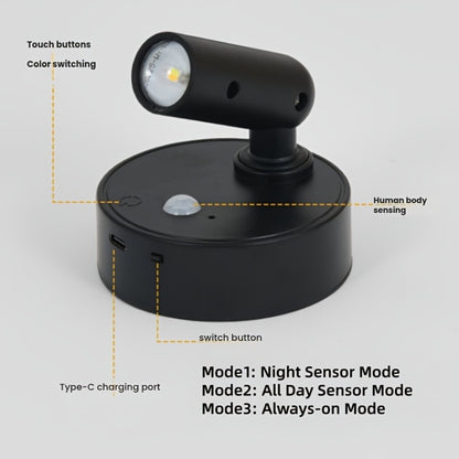 Wireless LED Spotlight Indoor 2 Pack Remote Control 3-Color Adjustable Motion Sensor Magnetic USB Rechargeable Wall Light for Bedroom Corridor Art Display