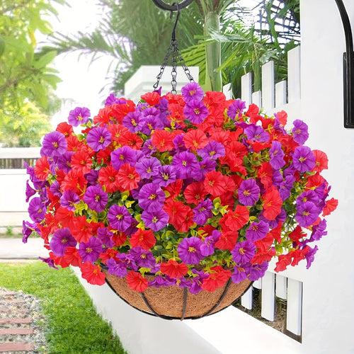 Artificial Hanging Flowers Outdoor UV-Resistant Fake Petunias with Planter Basket – Realistic Faux Hanging Plants for Garden Patio Porch Balcony Railing Decor
