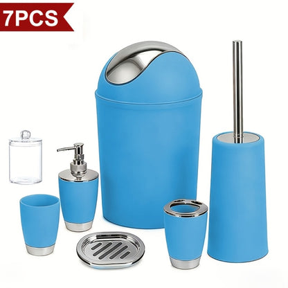 Bathroom Accessory Set 7 Piece - Luxury Modern Complete Bath Set with Trash Can Toilet Brush Lotion Dispenser Soap Dish Mouthwash Cup Toothbrush Holder | Space Saving Easy Clean Housewarming Gift 7 Colors
