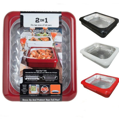 Aluminum Foil Tray with Lid - Insulated Stackable BBQ & Salad Serving Container for Outdoor Picnic, Party, Kitchen Use, Rectangular, Black & Red