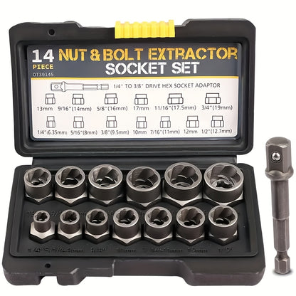 Nut Extractor Kit 14pcs, Damaged Bolt & Nut Remover Set with 13 Stripped Nut Extractors & 1 Hex Socket Adapter, 1/4" to 3/8" Drive Lug Nut Removal Tool for Construction, Auto & Home Repair