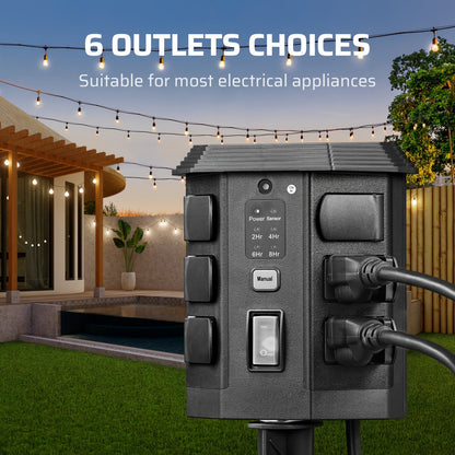 Outdoor Power Stake Timer 6 Outlet Weatherproof – 100FT Wireless Remote Control, Dusk to Dawn Photocell Sensor, 7 Timer Modes, 6FT Cord, Overload Protection for Garden Yard Christmas Holiday Lights