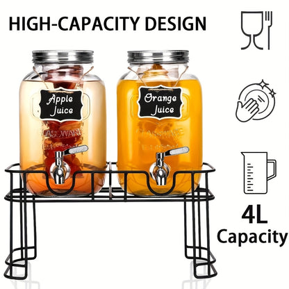 Glass Drink Dispenser with Fruit Infuser, Ice Cylinder & Stainless Steel Spigot – 1 Gallon Beverage Dispenser with Stand for Parties, Weddings, BBQ & Lemonade