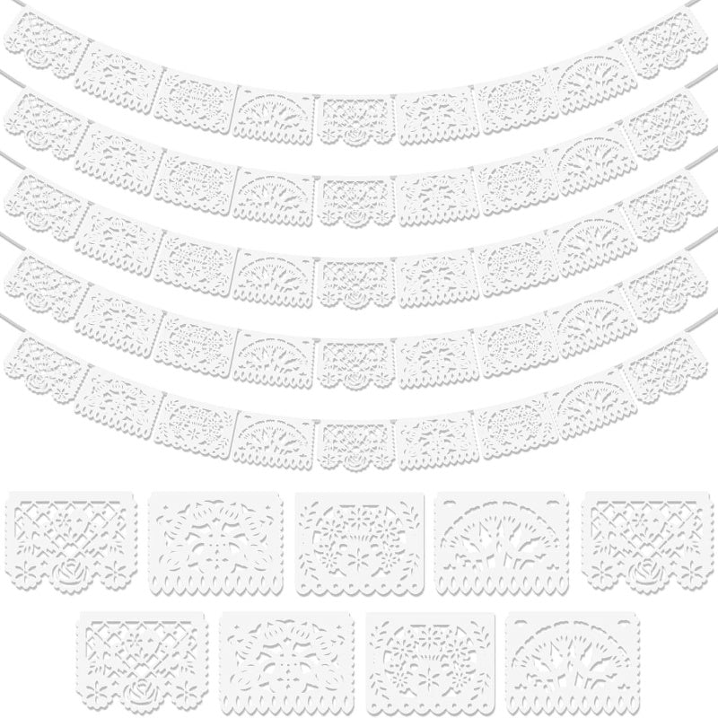 Papel Picado Banners 5 Pack White – Mexican Fiesta Party Decorations, Day of the Dead Decor, Cinco de Mayo Banner, Wedding Fiesta Supplies, 4 Designs 90 Feet Plastic Flags
