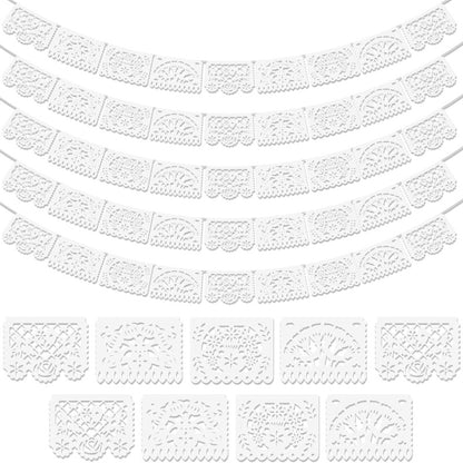 Papel Picado Banners 5 Pack White – Mexican Fiesta Party Decorations, Day of the Dead Decor, Cinco de Mayo Banner, Wedding Fiesta Supplies, 4 Designs 90 Feet Plastic Flags