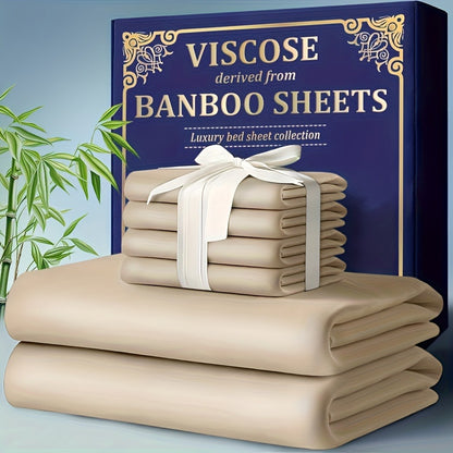 Bamboo Cooling Fitted Sheet Set 2300TC Deep Pocket All Season Bed Sheets | Ultra Soft Breathable Shrink-Resistant Flat Sheet Pillowcases Multiple Colors