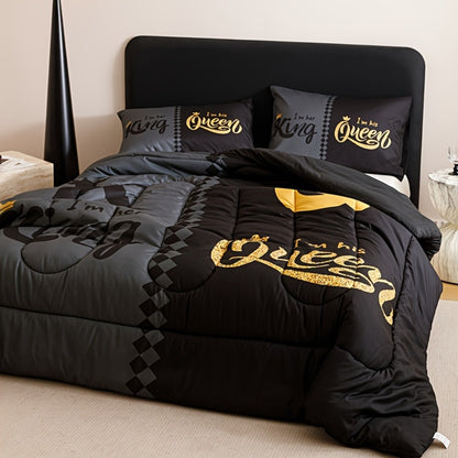 Comforter Set 3-Piece – Soft Breathable Quilt with 2 Pillowcases, Black Grey Color Block Crown Letter Print, Twin Full Queen King, 180GSM Bedroom Bedding Set