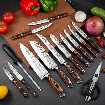 Kitchen Knife Set 15-Piece & 20-Piece Professional Chef Knives with Block Sharpener Ultra-Sharp Medium Carbon Stainless Steel Hammered Blade Wooden Handle Dishwasher Safe Gift for Men & Family
