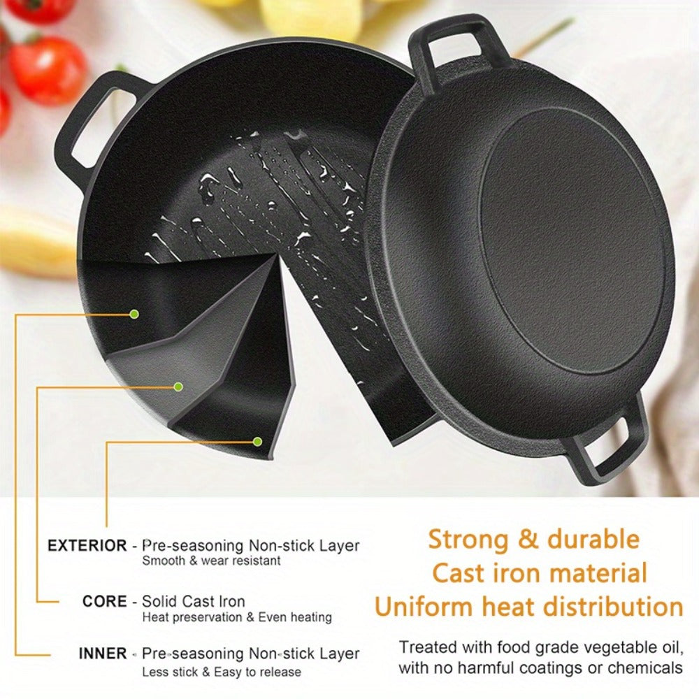 Cast Iron Dutch Oven Set – 6.1QT Deep Pot + 1.9QT Frying Pot, 2-in-1 Cookware with Silicone Handles, Iron Frame & Scraper, Oven, Stovetop, Induction & BBQ Compatible, 6-Pack Bundle