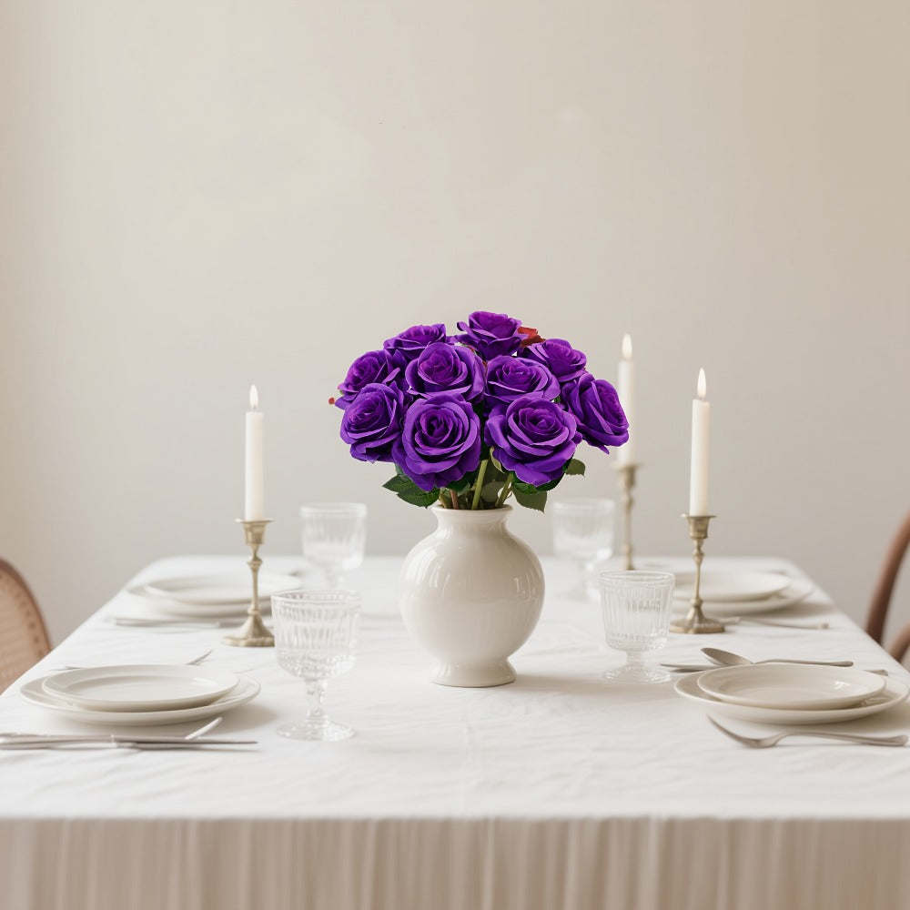 10pcs Artificial Silk Roses Bulk - Fake Flowers for Wedding Home Decor, 19.69" Long Stem, Deep Purple & Dark Green