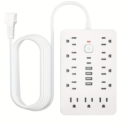 Surge Protector Power Strip 17-in-1 with 11 AC Outlets 4 USB-A 2 USB-C Ports Flat Plug Extension Cord Space-Saving Compact Design for Home Office Kitchen Desk Wall Charging Station