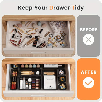 Drawer Organizer Set 24 Pieces Plastic Drawer Dividers Storage Bins for Makeup Bathroom Desk Dresser Kitchen Junk Drawer, Customizable Compartment Organizer Trays for Home Office, Black Pink
